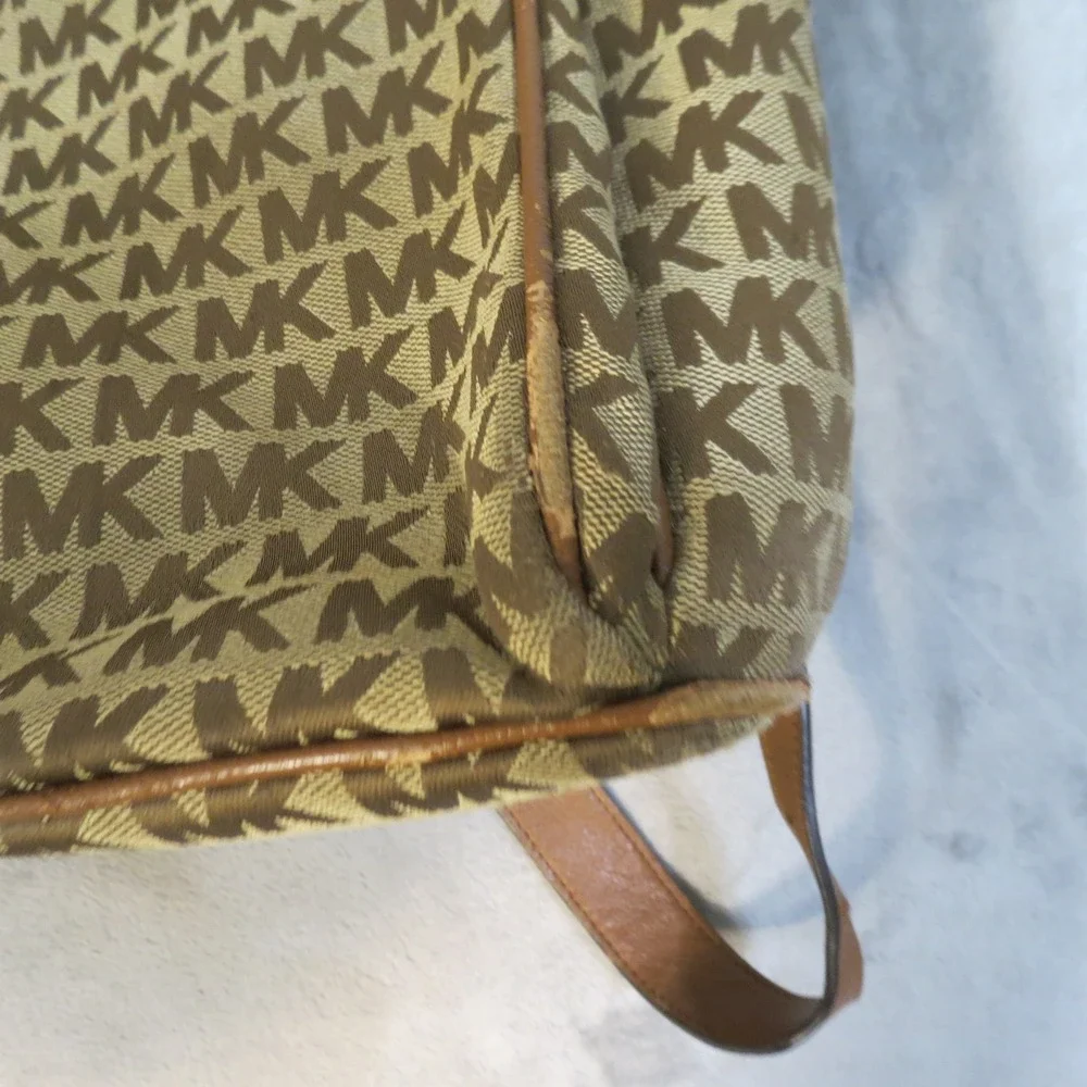 Michael Kors Abbey Backpack Signature Monogram Canvas Tan Leather Gold Hardware